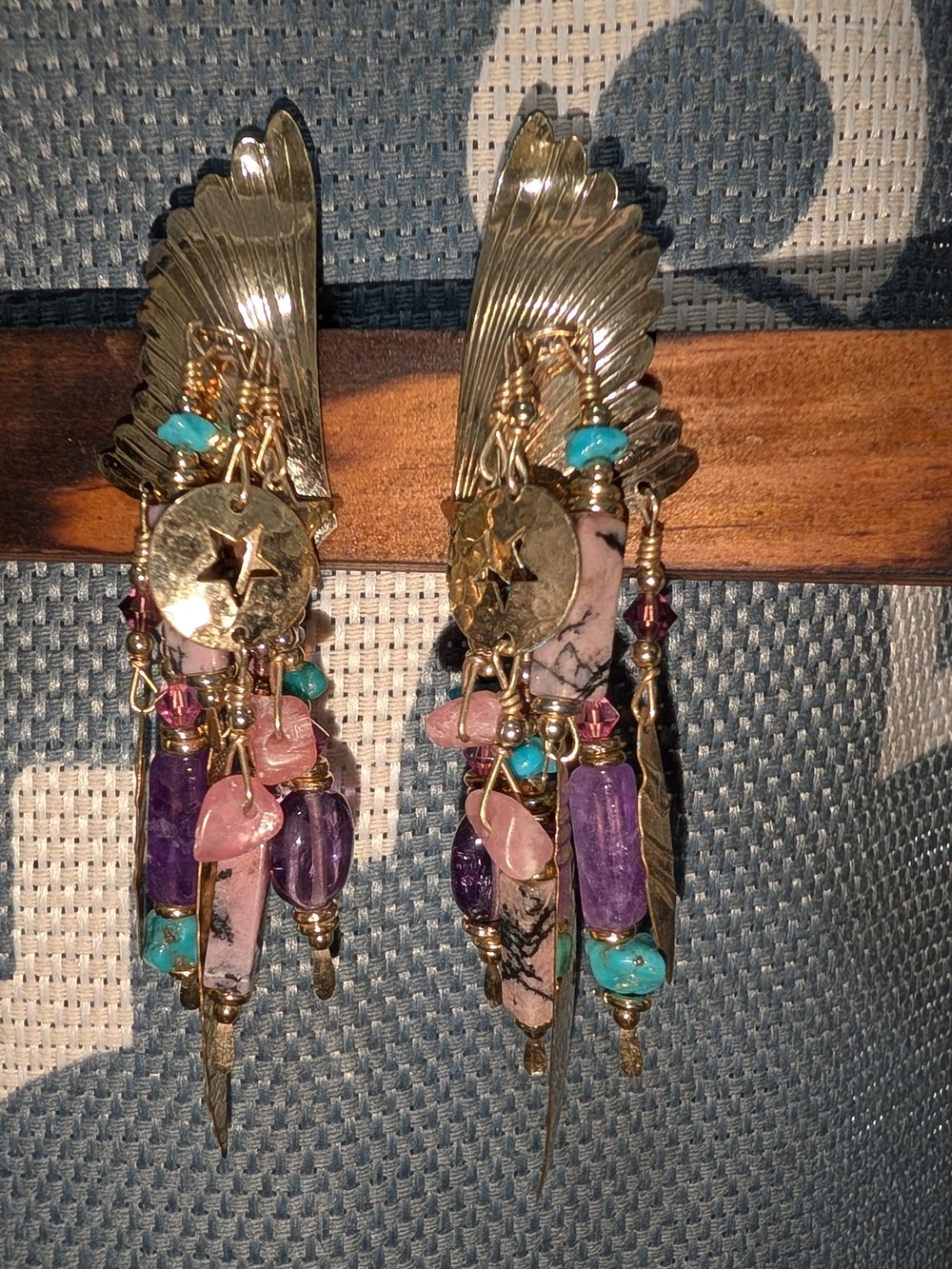 Gold-Tone Feather Drop Earrings with Turquoise, Pink & Purple Beads